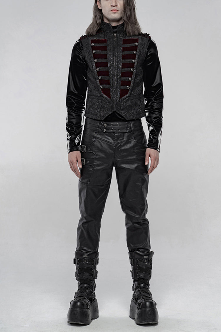 Black Jacquard Velvet Splice Weft Stand Up Collar Front Chest Breasted Decoration Men's Gothic Vest - Black - 1