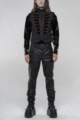 Black Jacquard Velvet Splice Weft Stand Up Collar Front Chest Breasted Decoration Men's Gothic Vest - Black - 1