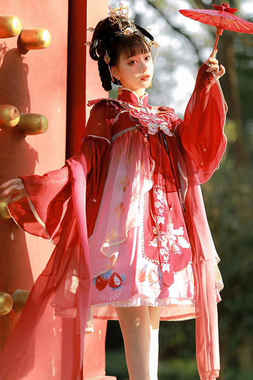 Red Original Strawberry Printed Chinese Embroidered Fake Collar Shawl Sweet Lolita Dress Full Set - Product - 2