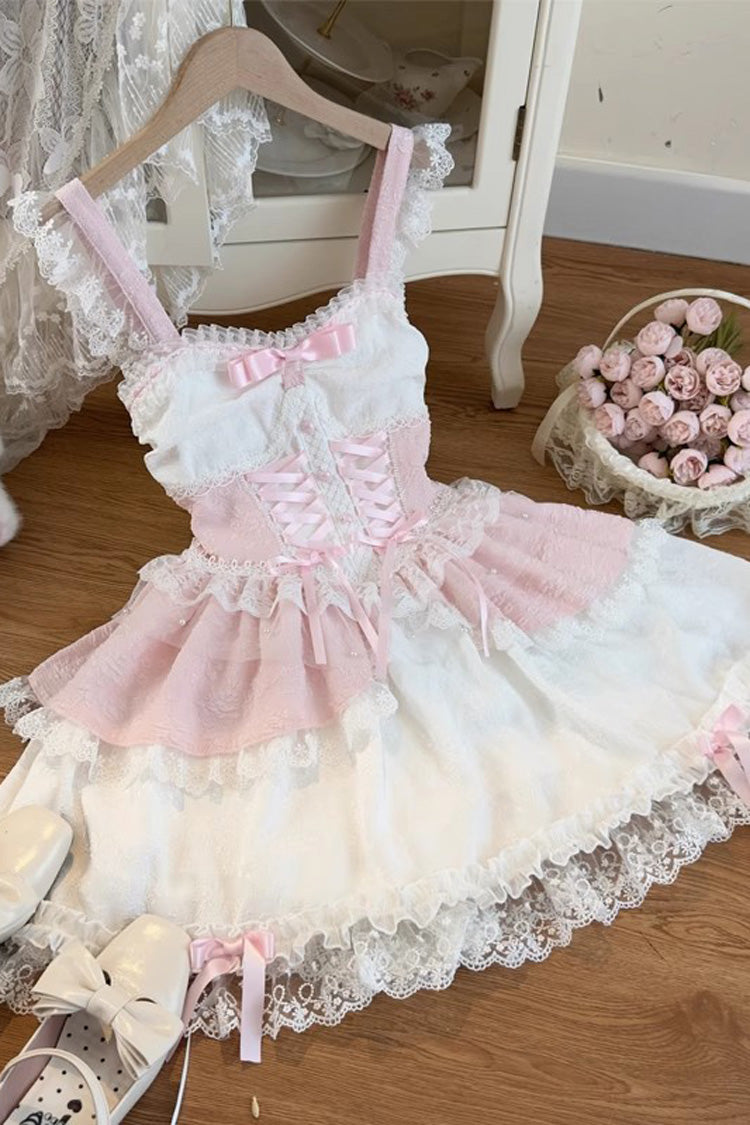 Pink [Leiffu] Sleeveless Ruffle Bowknot Lace Lace-Up Sweet Ballet Lolita Jsk Dress - Product - 3