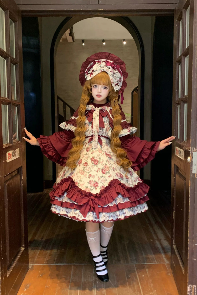 Burgundy Rose Flower Wall Printed Off Shoulder Sleeveless Ruffled Bow Lace Gothic Lolita Jsk Dress - Product - 9