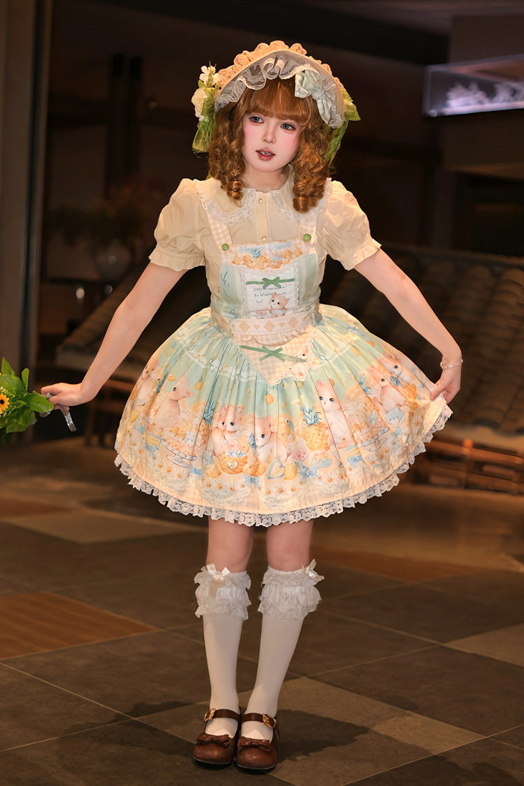 Green [Pineapple Cat] Print Sleeveless Bowknot Lace Sweet Lolita Strap Dress - Product - 10