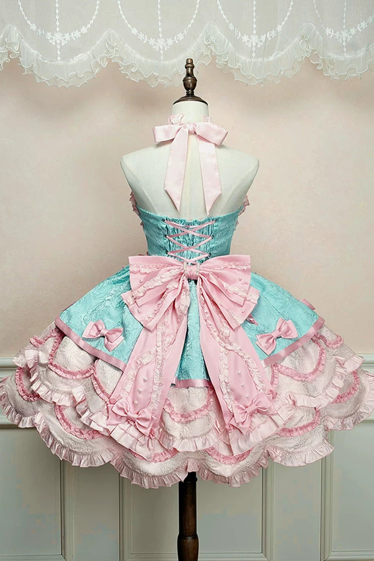 Pink/Green [Sweetheart Petals] Halterneck Sleeveless Multi-Layered Jacquard Ruffled Bow Pearl Detail Sweet Lolita Jsk Dress - Product - 3