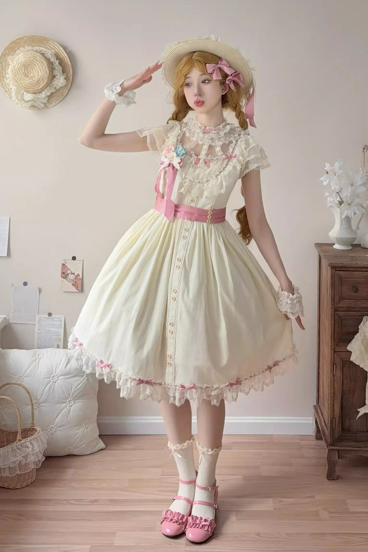 Yellow [Sakura’s Spring Resonance] Sleeveless Ruffled Bow Sweet Lolita Jsk Dress (Short Version) - Product - 4