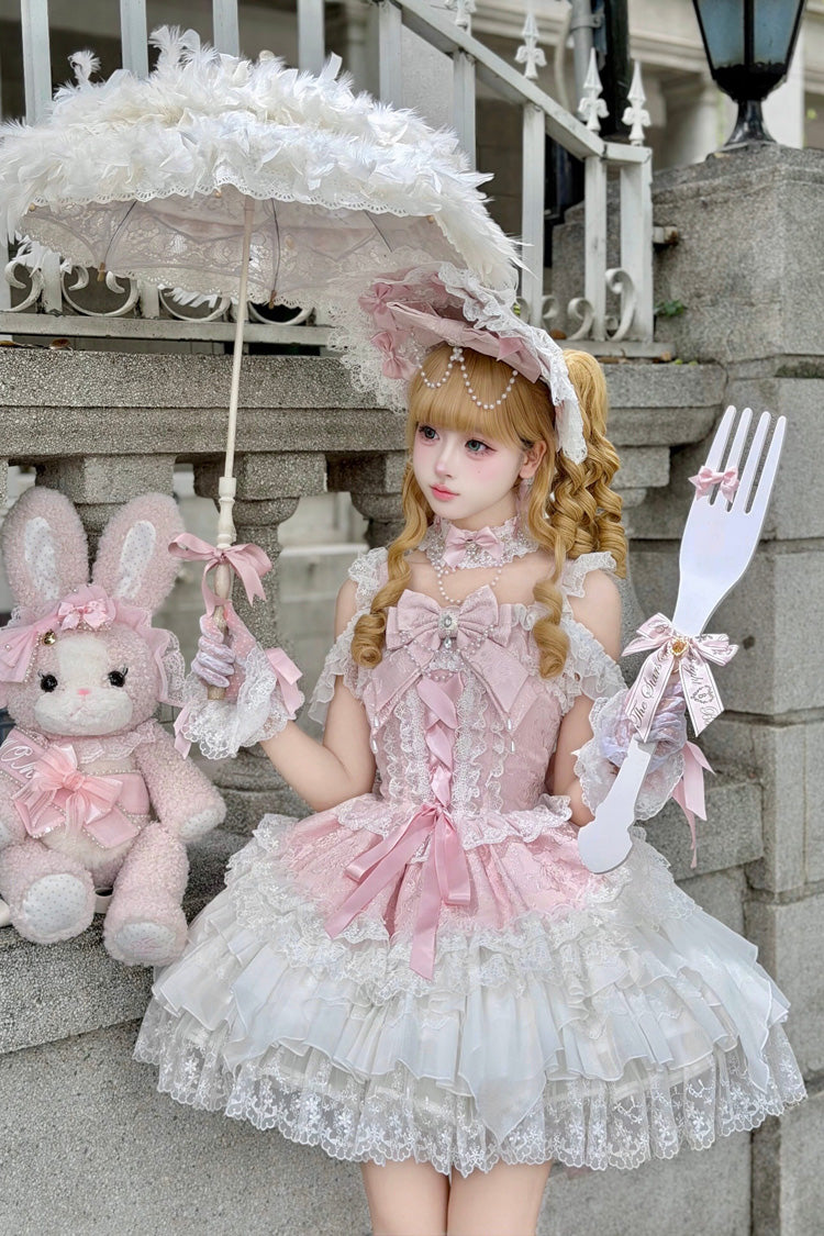 Pink [Pearl Ballet] Square Collar Sleeveless Multi-Layered Ruffled Bow Lace-Up Pearl-Decorated Sweet Ballet Lolita Jsk Dress - Product - 7