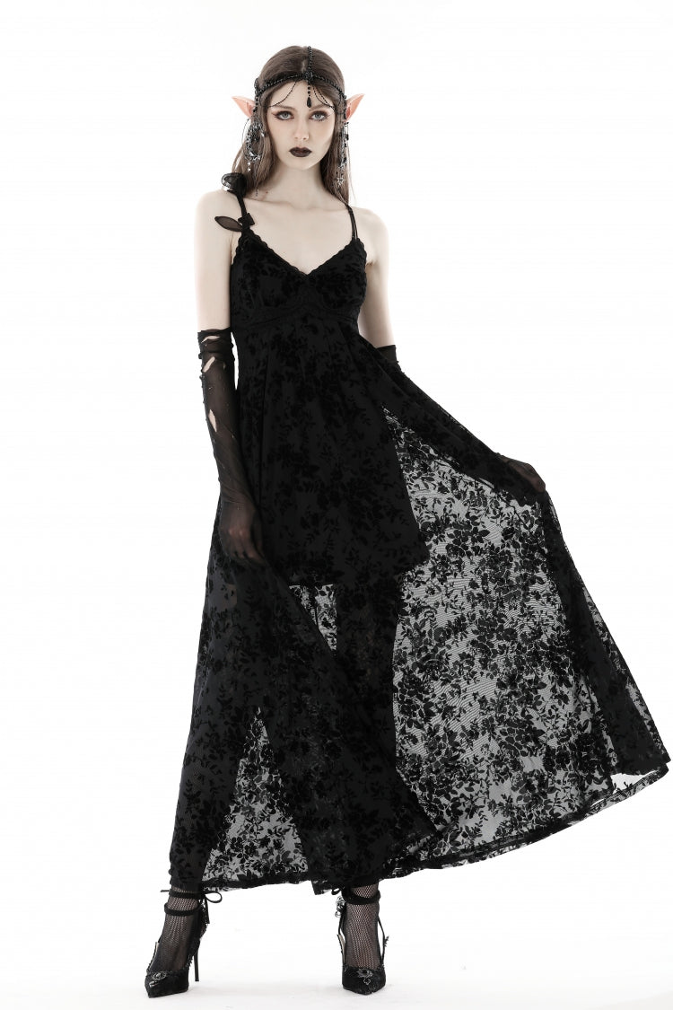 Black Sleeveless Lace Lace-Up Women's Gothic Maxi Rose Slip Dress - Product - 9