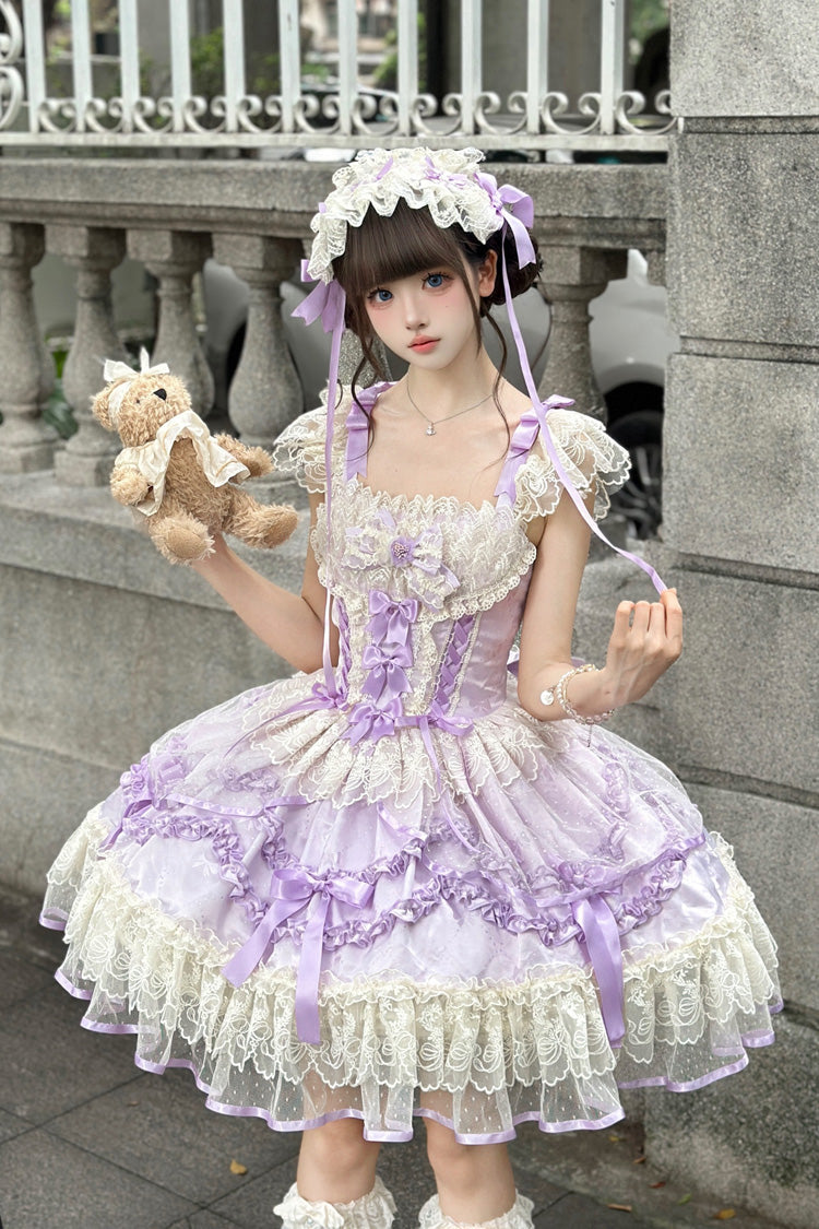 Purple [Dreaming Butterfly] Multi-Layered Jacquard Ruffle Bowknot Lace Sweet Princess Lolita Jsk Dress - Product - 3