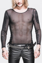 Black Diamond Shaped Mesh Round Neck Long Sleeves Mens Punk T-Shirt - Black - 1