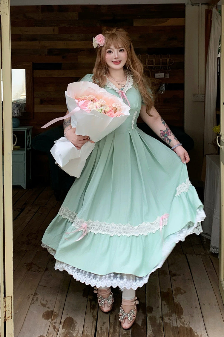 Green V Collar Short Sleeves Ruffled Lace Sweet Plus Size Lolita Dress - Product - 8