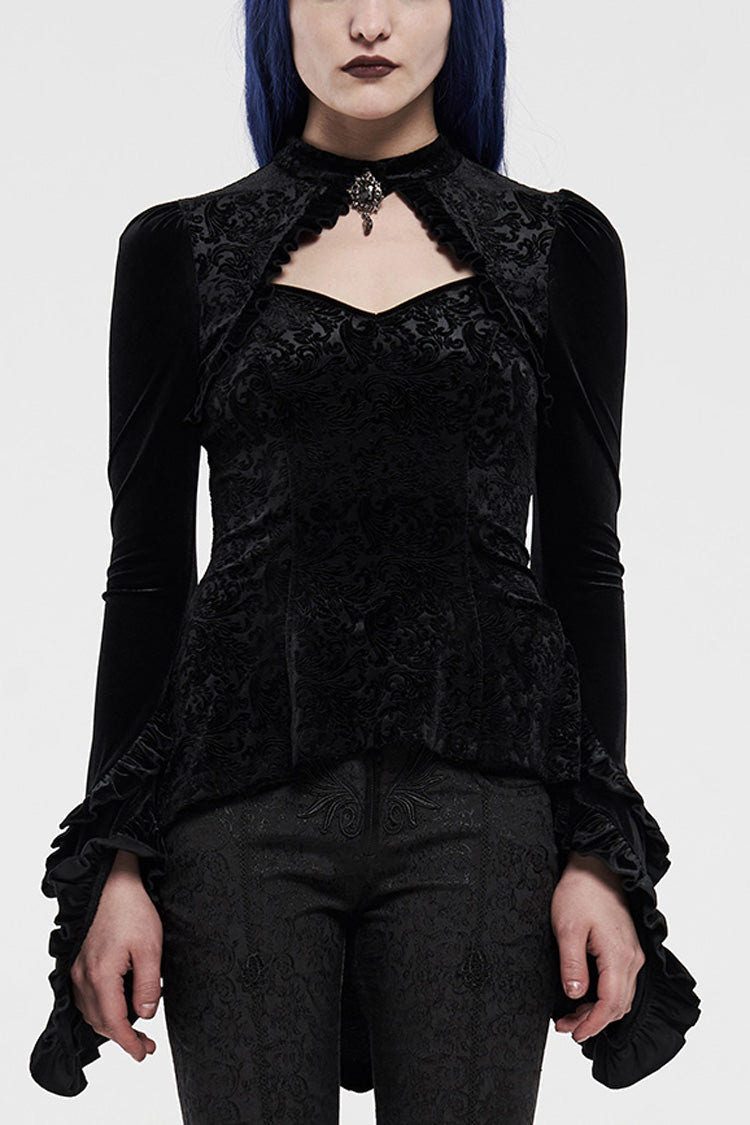 Black Long Sleeves Hollow Embroidery Slim Women's Gothic Blouse - Black - 1