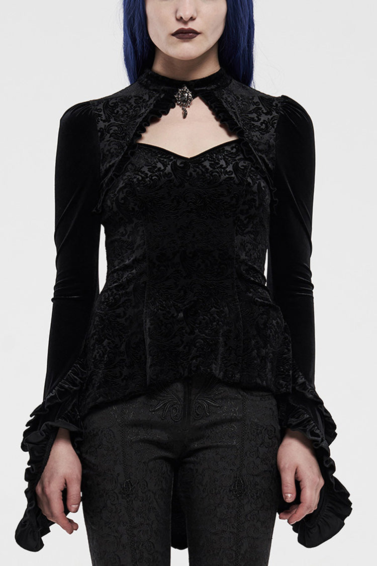 Black Long Sleeves Hollow Embroidery Slim Women's Gothic Blouse - Black - 1