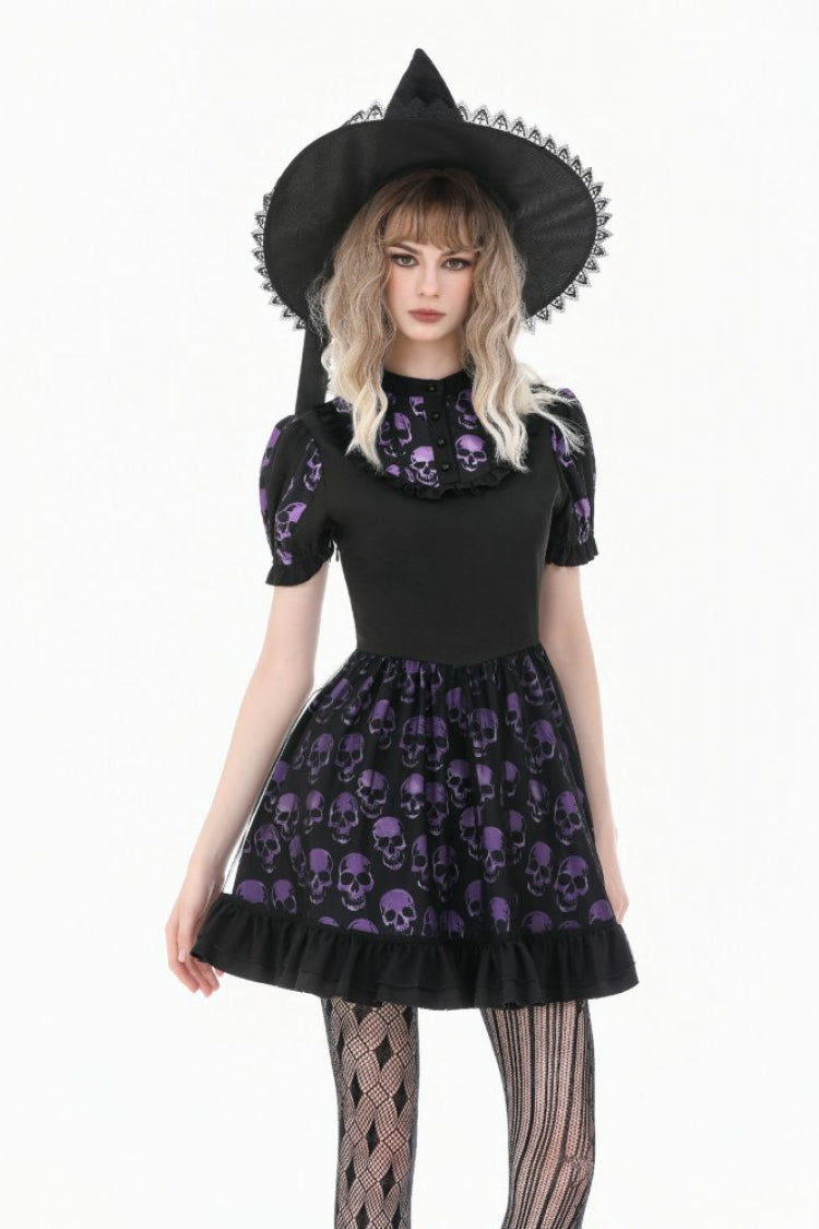 Black/Purple Short Puff Sleeves Skull Printed Lace-Up Women's Lolita Gothic Dress - Black/Purple - 1