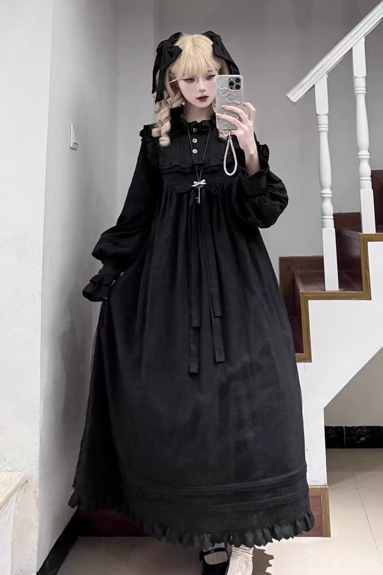 Black Long Sleeves Ruffle Bowknot Lace Gothic Lolita Home Wear Nightdress - Product - 4