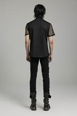 Black Lapel Collar Short Sleeves Mesh Stitching Men's Punk Blouse - Product - 4