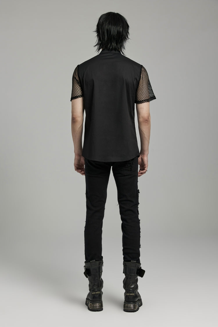 Black Lapel Collar Short Sleeves Mesh Stitching Men's Punk Blouse - Product - 4