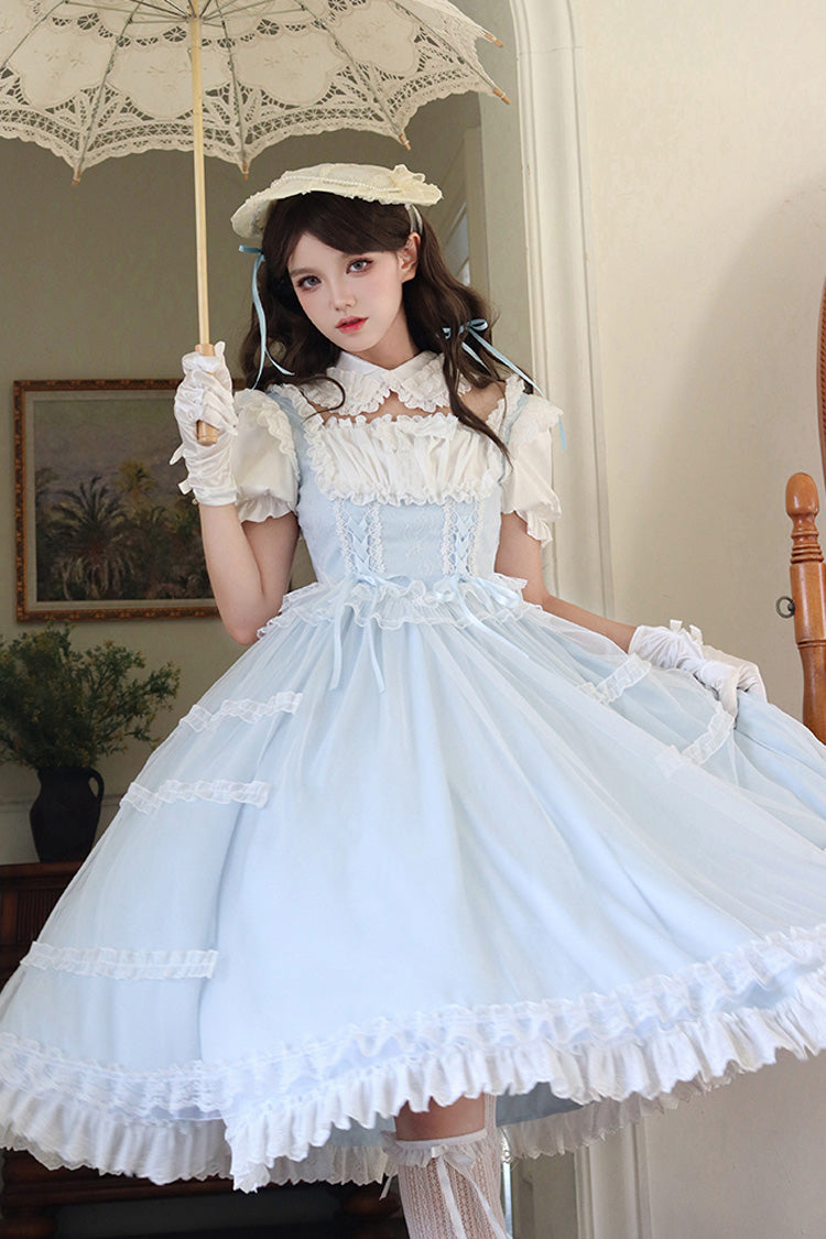 Light Blue Confession Poem Square Collar Short Sleeves Ruffle Sweet Elegant Lolita Dress Set - Product - 9