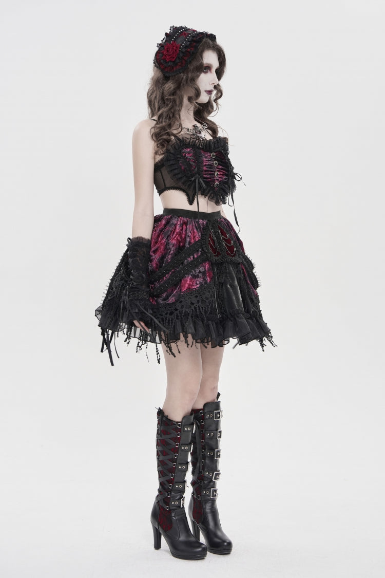 Black/Red Off Shoulder Bow Lace Color-Blocked Strappy Pleated Women's Gothic Corset - Product - 3