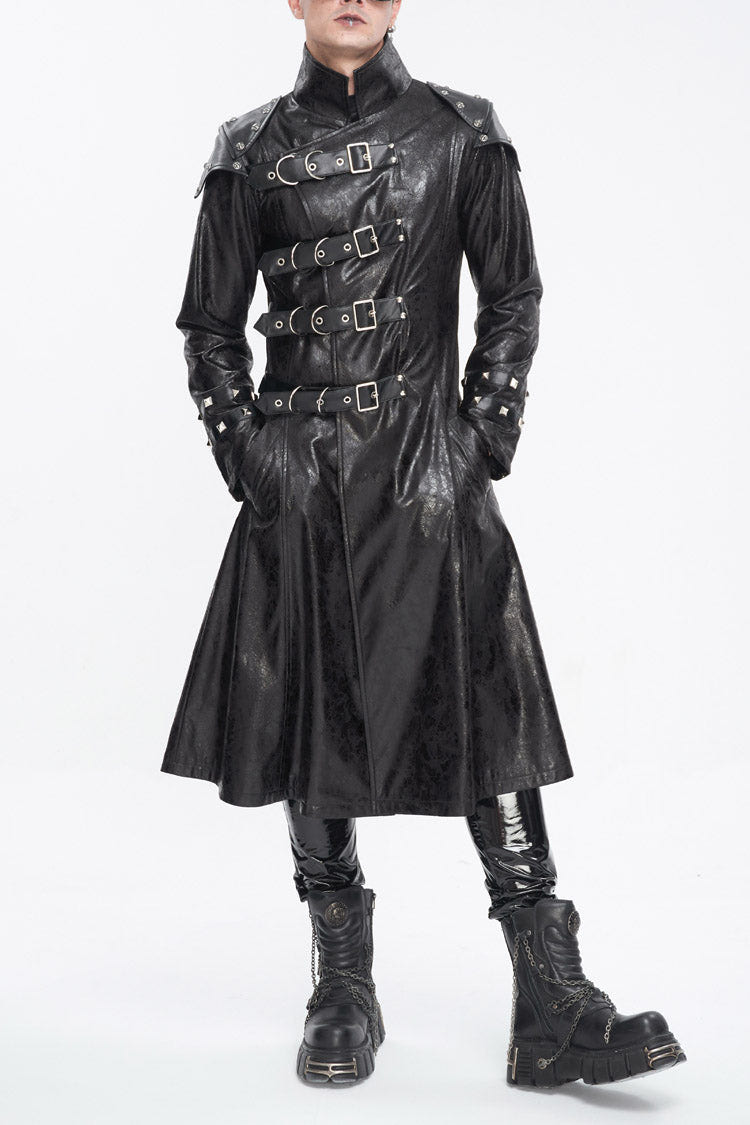 Black Stand Collar Multi Buckle Faux Long Leather Men's Punk Coat - Black - 1