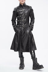 Black Stand Collar Multi Buckle Faux Long Leather Men's Punk Coat - Black - 1