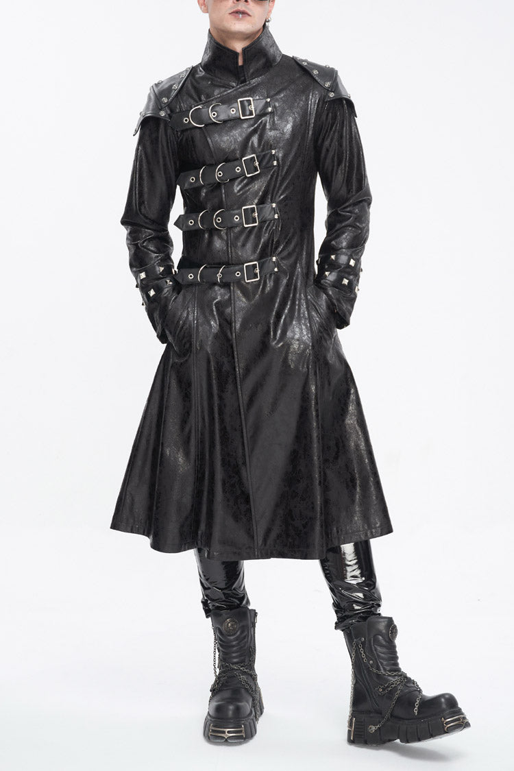 Black Stand Collar Multi Buckle Faux Long Leather Men's Punk Coat - Black - 1