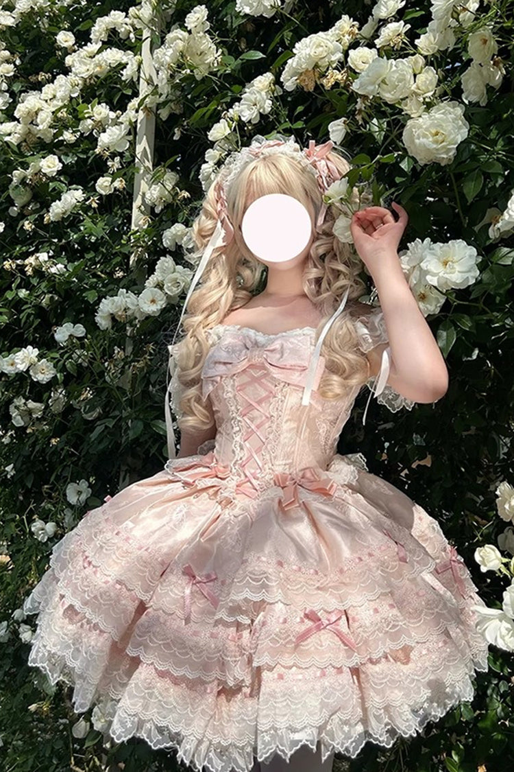 Pink [Flora Isle Butterfly] Sleeveless Ruffle Bowknot Lace Lace-Up Sweet Elegant Lolita Jsk Dress - Product - 5