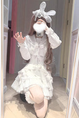 White [Snow Season Love Letter] Long Sleeves Multi-Layered Ruffled Bow Sweet Jirai Kei Lolita Skirt Set - Product - 4