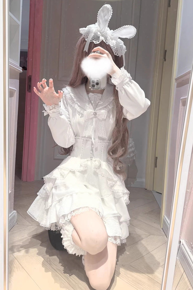 White [Snow Season Love Letter] Long Sleeves Multi-Layered Ruffled Bow Sweet Jirai Kei Lolita Skirt Set - Product - 4