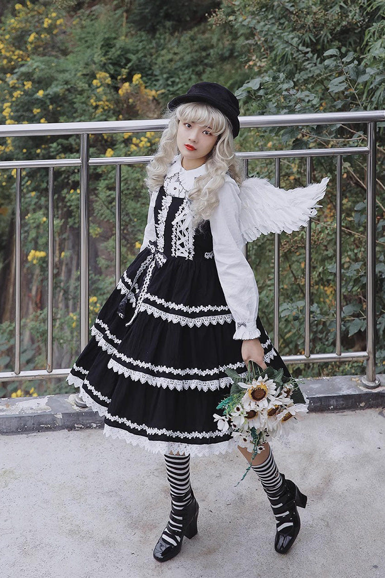 Black/White Three-section Cake Sleeveless Ribbon Sweet Lolita Tiered Dress - Product - 2