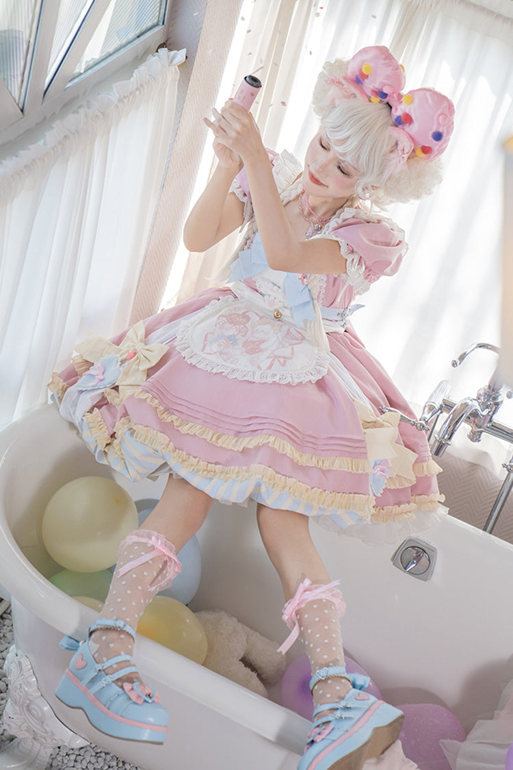 Pink Short Sleeves Print Ruffle Bowknot Lace-Up Sweet Princess Lolita Dress Set - Product - 7
