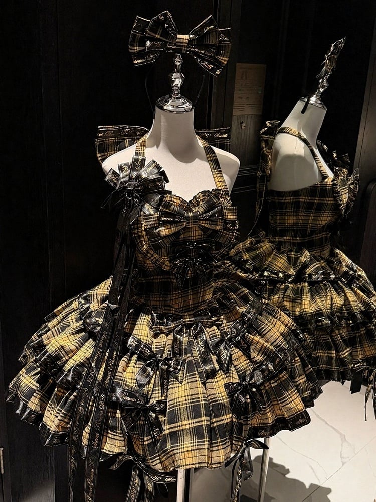 Yellow Sweet Bow Halter Plaid Lolita Dress Full Set + KC + Brooch + Hair Clip - view 3