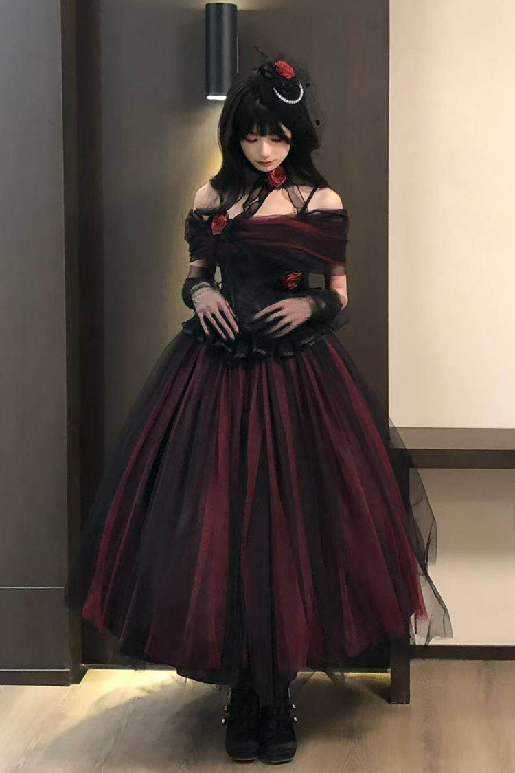 Black/Red [Sanglin’s Tribute] Off Shoulder Ruffled Gothic Lolita Dress - Product - 9
