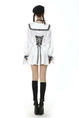 White Lapel Collar Long Sleeves Lace Lace-Up Zippered Women's Asceticism Dark JK Dress - Product - 4