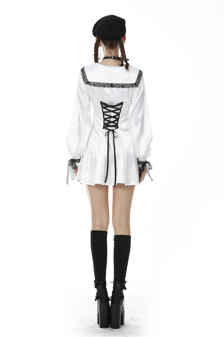 White Lapel Collar Long Sleeves Lace Lace-Up Zippered Women's Asceticism Dark JK Dress - Product - 4