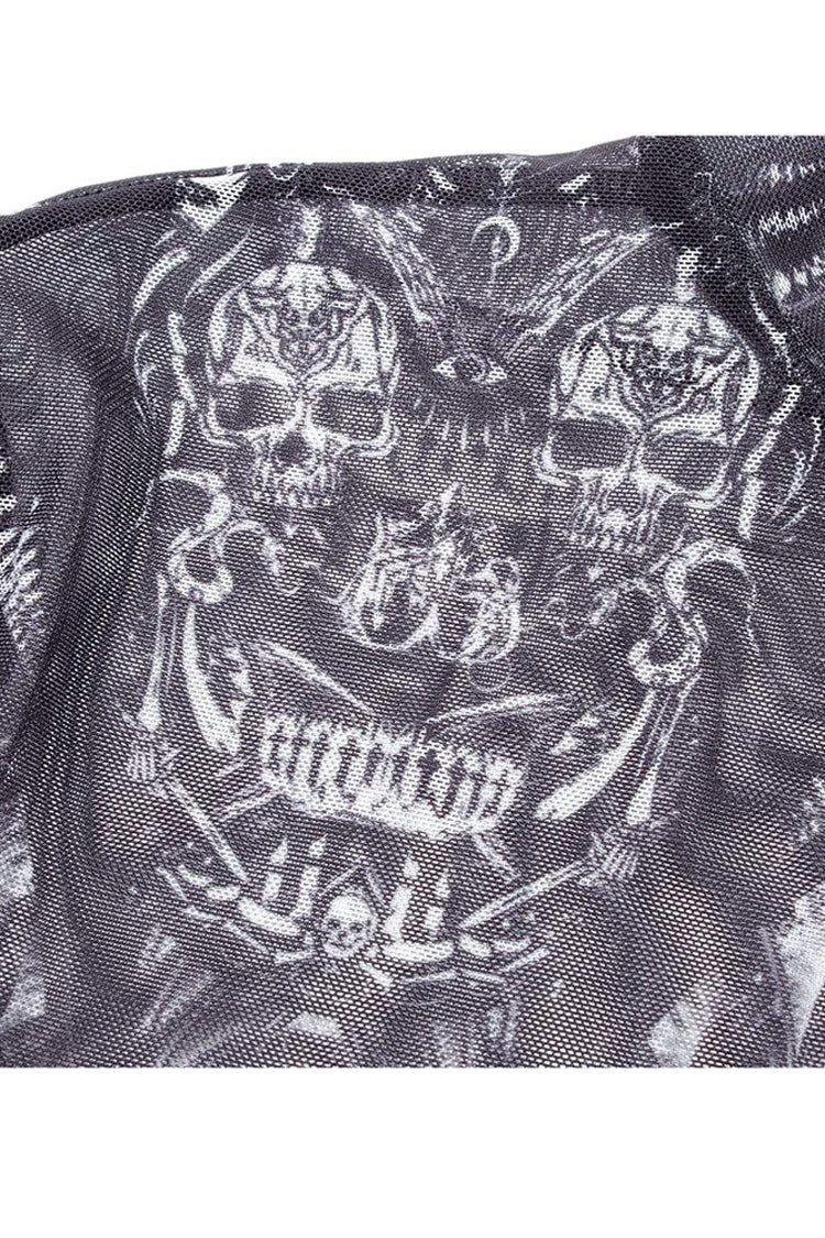 Black/White Gothic Personality Skull Print Pattern Elasticity Mesh Tight Sexy Perspective Tie Cord At Cuff Women's Shirt - Product - 8