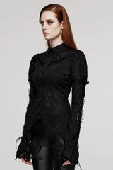 Women's Lapel Collar Long Sleeves Print Stitching Lace Gothic Blouse 2 Colors - Product - 3