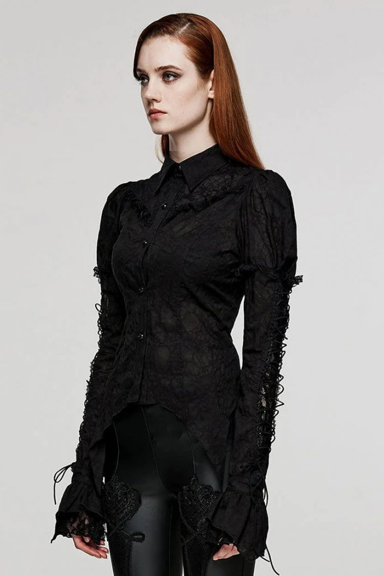 Women's Lapel Collar Long Sleeves Print Stitching Lace Gothic Blouse 2 Colors - Product - 3