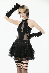 Black Wide-Waistband Eyelet Strap Double-Layered Lace Women's Punk Skirt - Product - 2