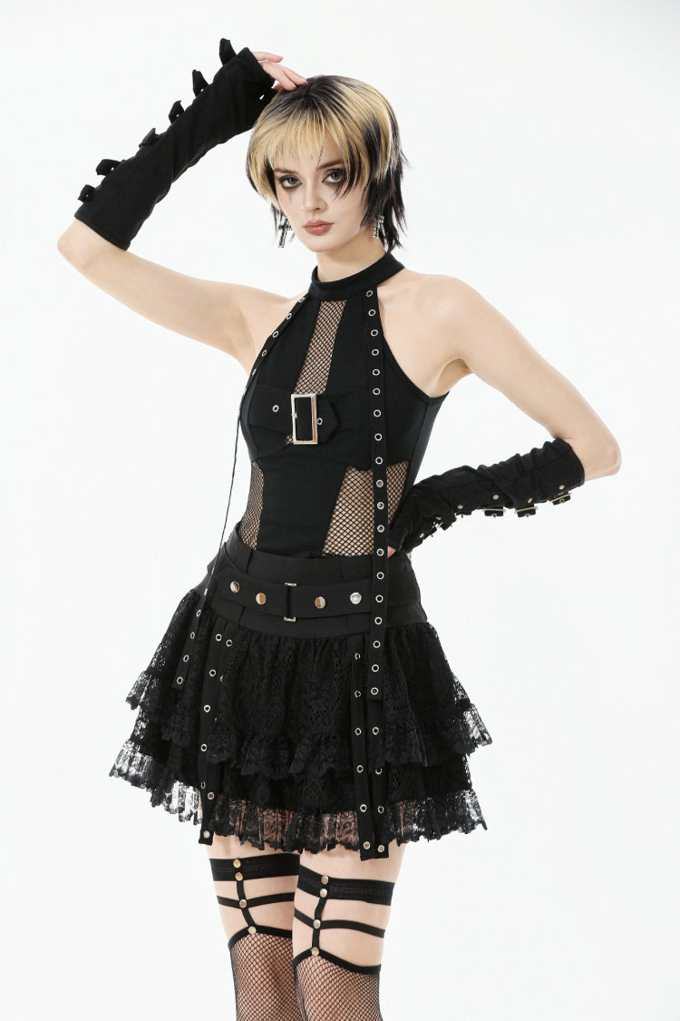 Black Wide-Waistband Eyelet Strap Double-Layered Lace Women's Punk Skirt - Product - 2