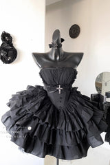 Black Sleeveless Triple-Layered Ruffle Bowknot Lace Gothic Princess Lolita Dress - Product - 8