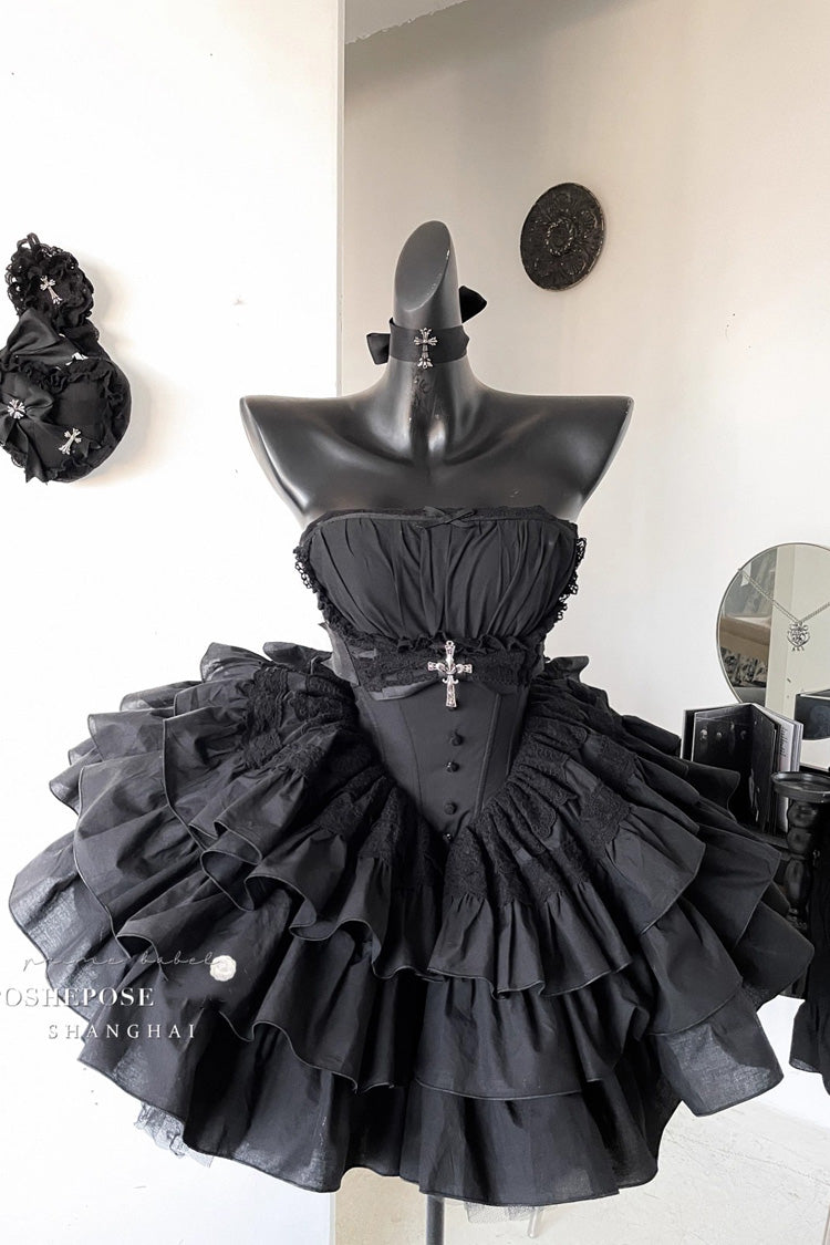 Black Sleeveless Triple-Layered Ruffle Bowknot Lace Gothic Princess Lolita Dress - Product - 8