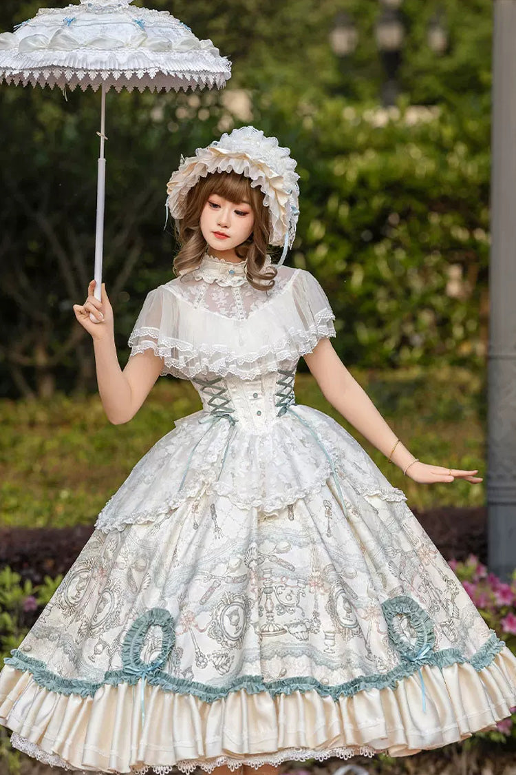 Ivory [Cloudborne Prelude] Edwardian Collar Jacquard Printed Ruffled Bow Lace Fishbone Sweet Classic Lolita Dress - Product - 2
