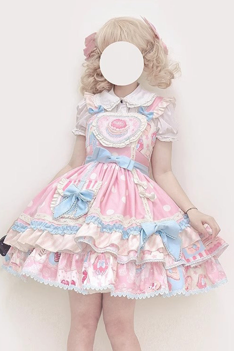 Pink [Frosted Sugar Sweetheart] Double-Layered Print Ruffle Bowknot Sweet Princess Lolita Jsk Dress - Pink - 1
