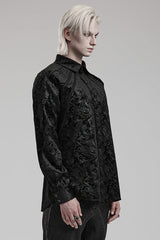 Black Long Sleeves Dark Pattern Print Webbing Decoration Mens Gothic Blouse - Product - 2