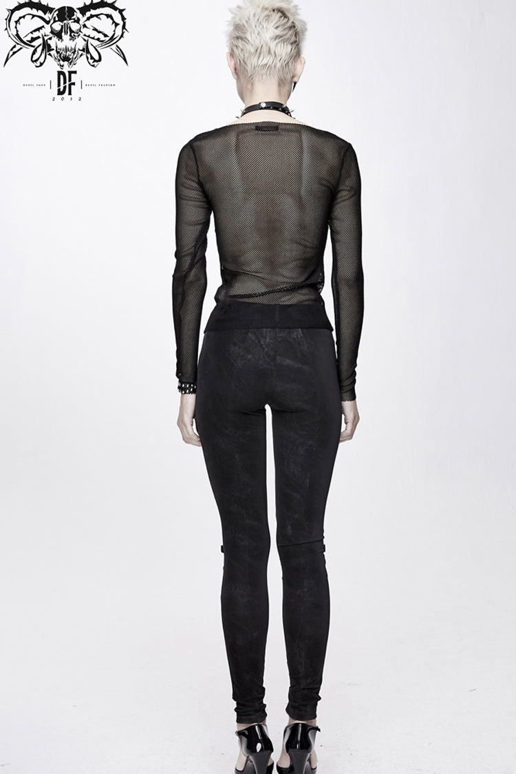 Black Round Collar Chest Skull Palm Long Sleeve Women's Punk Mesh Shirt - Product - 6