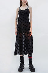 Black Heart Chiffon Waist Leather Sling Long Women's Gothic Dress - Black - 1