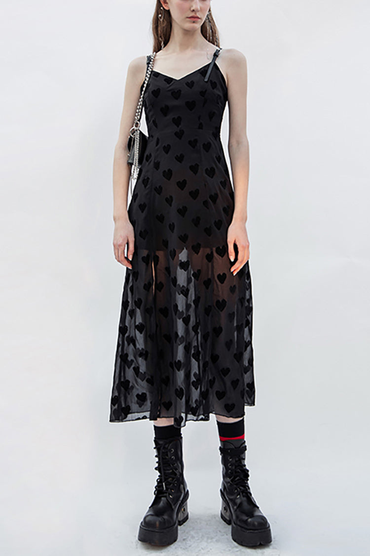 Black Heart Chiffon Waist Leather Sling Long Women's Gothic Dress - Black - 1