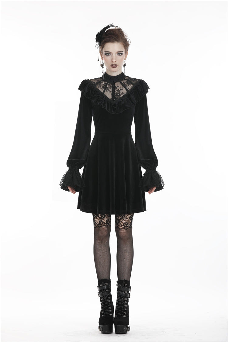 Black V-neck Long Sleeves Ruched Ruffled Lace Women's Lolita Gothic Velvet Dress - Product - 5
