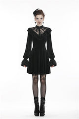Black V-neck Long Sleeves Ruched Ruffled Lace Women's Lolita Gothic Velvet Dress - Product - 5