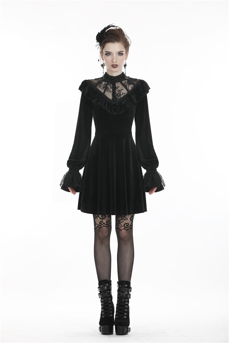 Black V-neck Long Sleeves Ruched Ruffled Lace Women's Lolita Gothic Velvet Dress - Product - 5