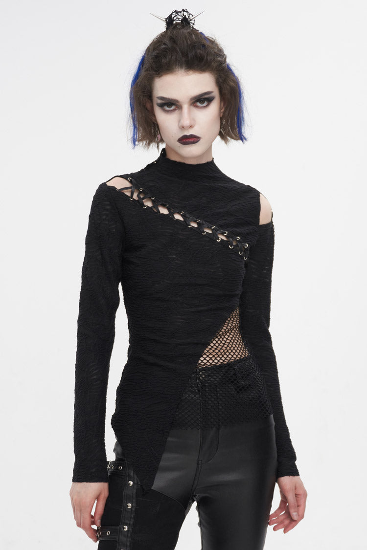 Black Strappy Cutout Mesh Splice Women's Gothic Shirt - Black - 1